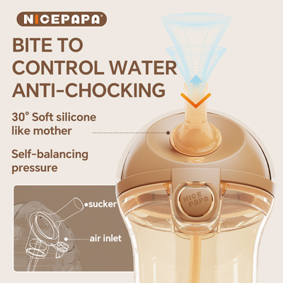 V en forma de anti-asfixia PPSU resistente al calor copa de agua con tapa abatible protege a los niños con bola de gravedad mango suave 330ml