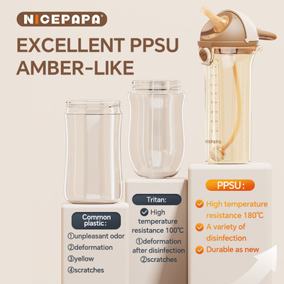 V en forma de anti-asfixia PPSU resistente al calor copa de agua con tapa abatible protege a los niños con bola de gravedad mango suave 330ml